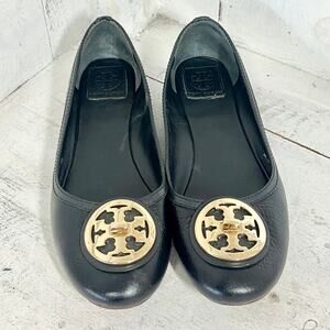 Tory Burch Leather Slip On Round Toe Ballet Flat Shoes Black Women's Size 9M